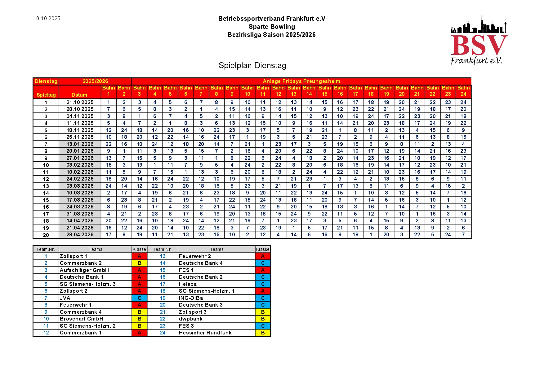 2025.10.10 Spielplan Liga Dienstag Saison 2025 2026