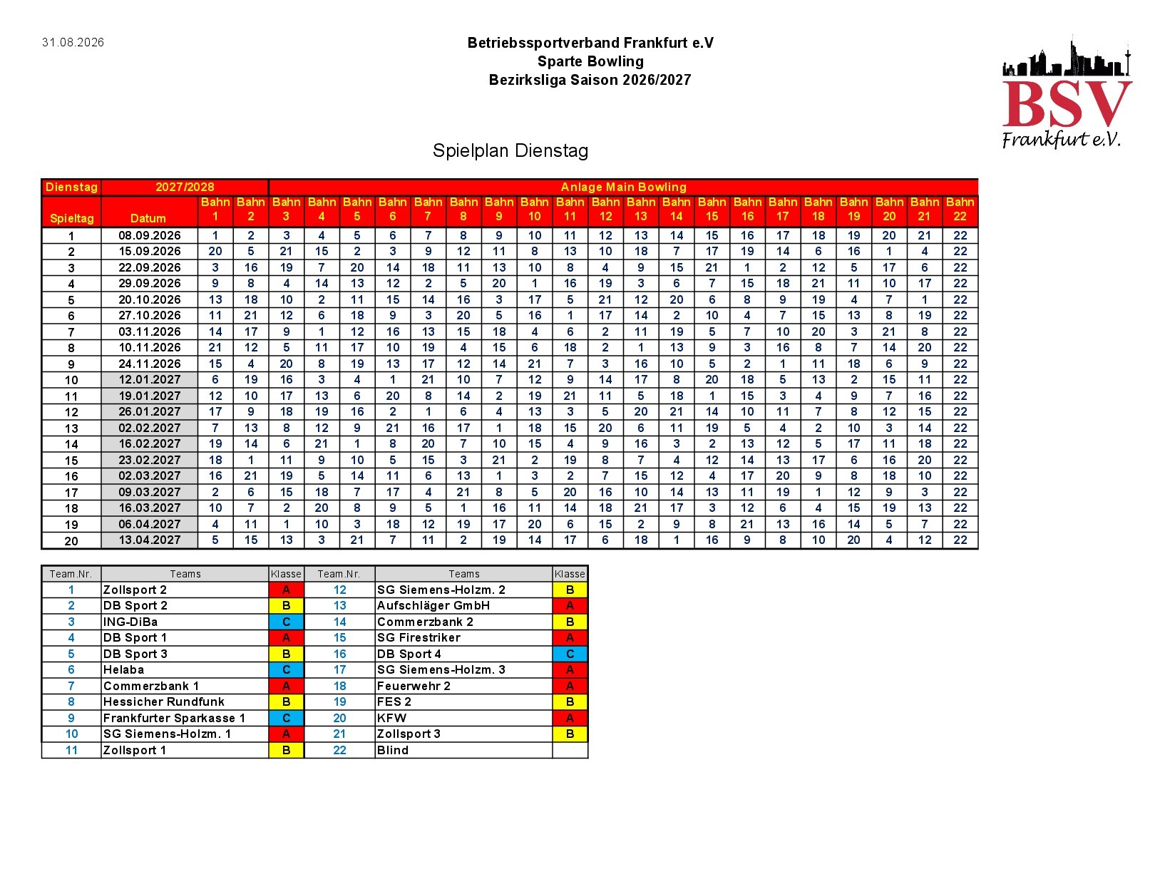 Spielplan Liga Dienstag 2026 2027