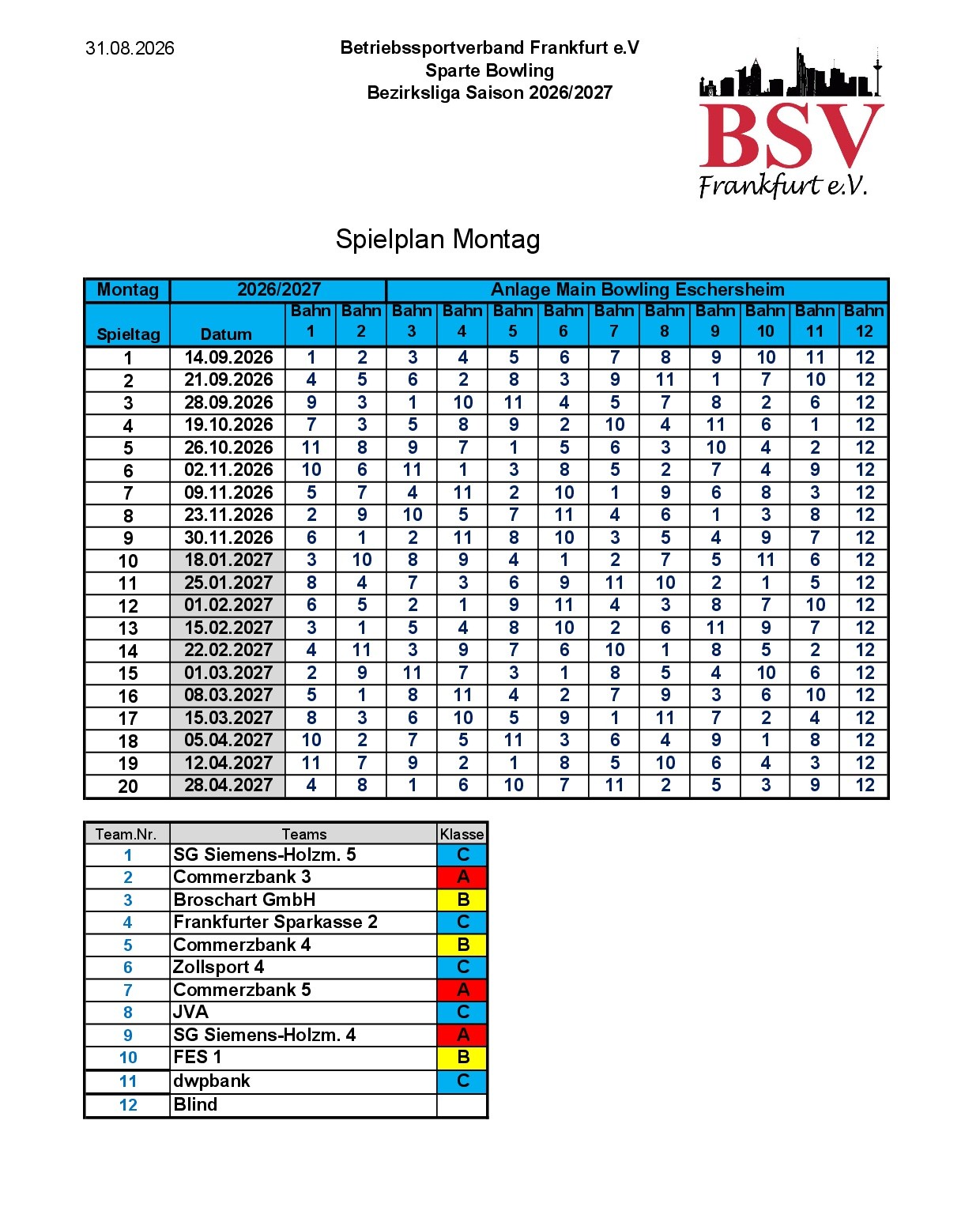 Spielplan Liga Montag 2026 2027